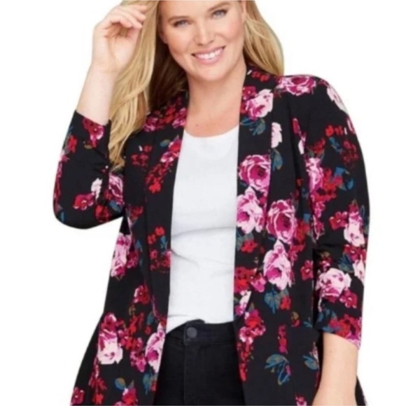 Lane Bryant Black Floral Open Front Long Line Blazer, size 22/24 NWT - Picture 2 of 9